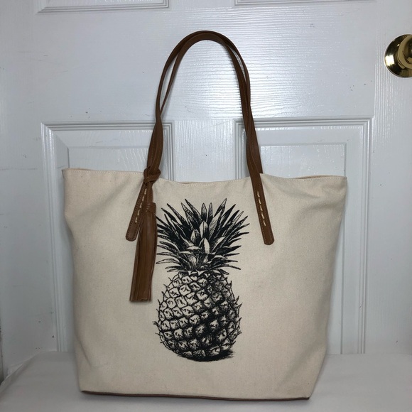 Sonoma Pineapple Natural Canvas Snap Closure Tassel Detail Hard Bottom Tote Bag, - Picture 2 of 16